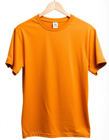Orange t-shirt on a hanger isolated on a white backgroundの写真素材