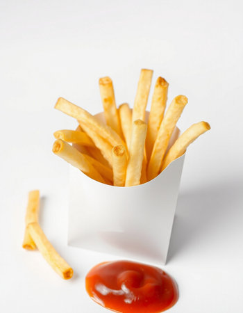 French fries with ketchup on white background. Selective focus.