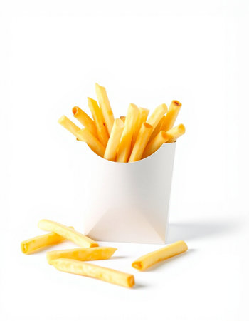 French fries in a white box on a white background. Isolated