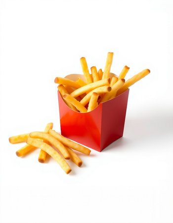 French fries in a red box on a white background. Isolated