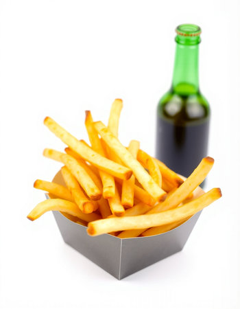 French fries in box and bottle of beer isolated on white background.の写真素材