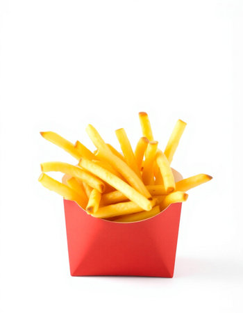 French fries in a red box isolated on white background. Selective focus.