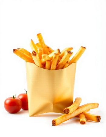 French fries in golden paper bag isolated on white background. Selective focus.