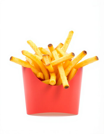 French fries in red box isolated on white background. Fast food.