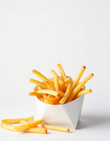 French fries in a white bowl on a white background. Selective focus.の写真素材