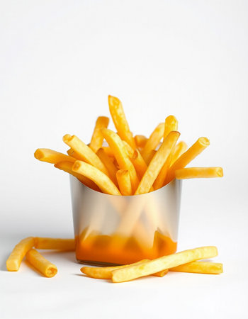 Golden French fries in a metal container on a white background with copy space