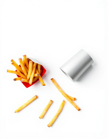 French fries in a red box isolated on white background. Top view.