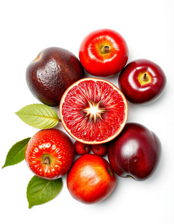 red apple and red kiwi on white background, top view