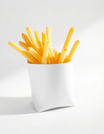French fries in a white paper cup on a white background with shadow
