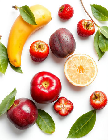 Fresh fruits isolated on white background. Flat lay, top view.