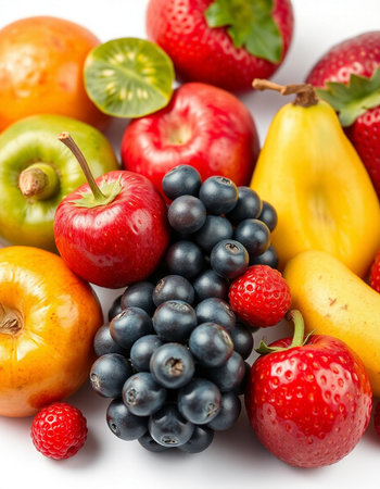 Mix of fresh fruits isolated on white background. Healthy food concept.