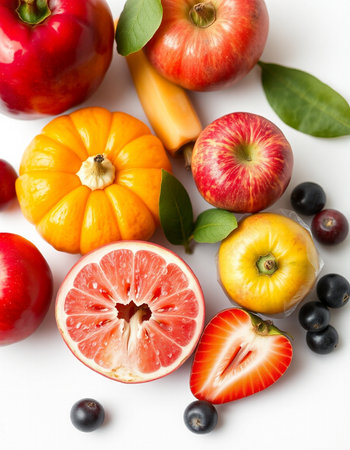 Fresh fruits and vegetables on a white background. Healthy food concept.の写真素材
