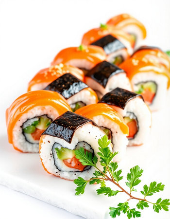 Sushi roll with salmon, cucumber and cream cheese on a white backgroundの写真素材