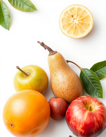 Fruits isolated on white background. Top view. Flat lay.の写真素材