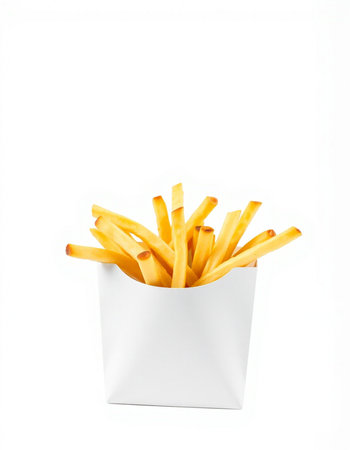 French fries in paper box isolated on white background. Close up.