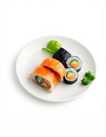 Sushi roll with salmon, shrimp, avocado and cucumber isolated on white backgroundの写真素材