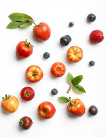 Different ripe fruits and berries on white background, top view. Flat layの写真素材