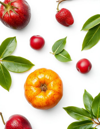 Flat lay composition with ripe fruits and green leaves on white backgroundの写真素材