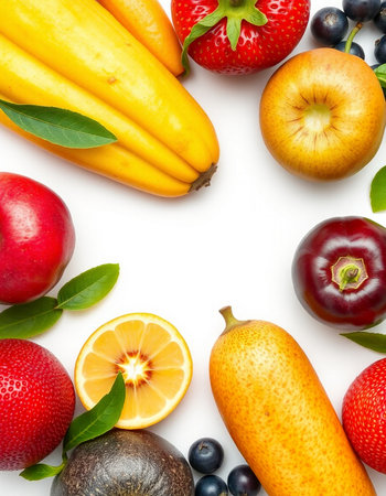 Fresh fruits isolated on white background. Top view. Flat lay.の写真素材
