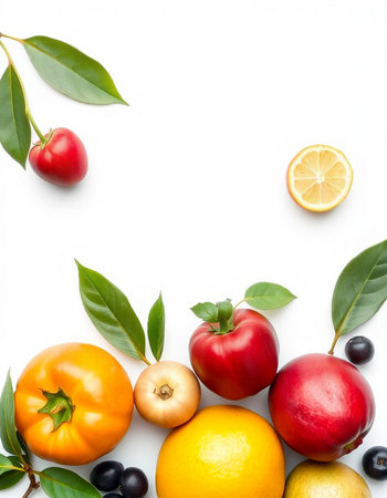 Fresh fruits and vegetables isolated on white background. Flat lay, top viewの写真素材