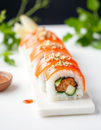 Sushi roll with salmon, cucumber, cream cheese and sesame seedsの写真素材