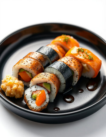 Sushi Set - Sushi Roll with Salmon, Cream Cheese and Raw Salmon inside. Tasty Maki Sushi Roll with Salmon inside.の写真素材