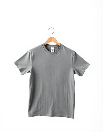 Grey t-shirt on a hanger isolated on a white backgroundの写真素材