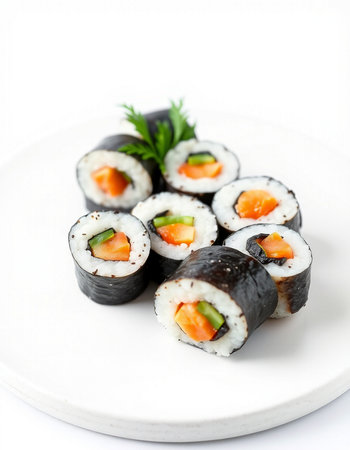 Sushi rolls on white plate isolated on white background. Japanese food