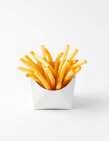 French fries in a white box on a white background, close-up