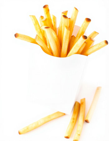 French fries in a white box on a white background. Selective focus.の写真素材