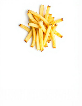 Golden French fries on white background. Top view. Copy space.の写真素材