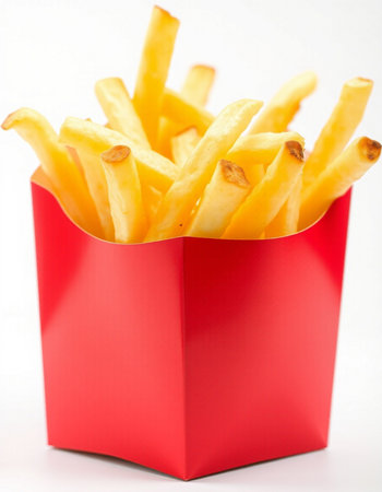 French fries in a red box on a white background, close-up