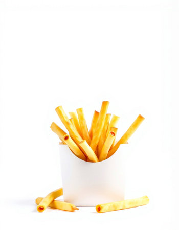 French fries in a white box on a white background. Isolatedの写真素材