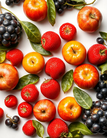 Fruits and berries on a white background. View from above.