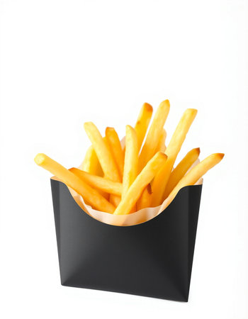 French fries in a black box isolated on white background, fast food