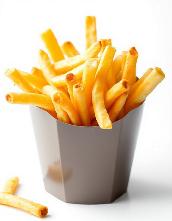 French fries in paper box on white background. Selective focus.