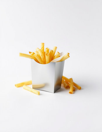 French fries in paper box on white background. Fast food concept.の写真素材
