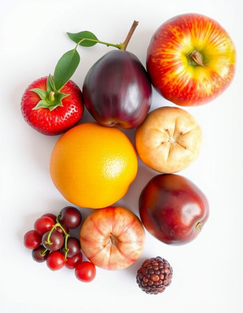 Fruits and vegetables isolated on white background. Flat lay, top view