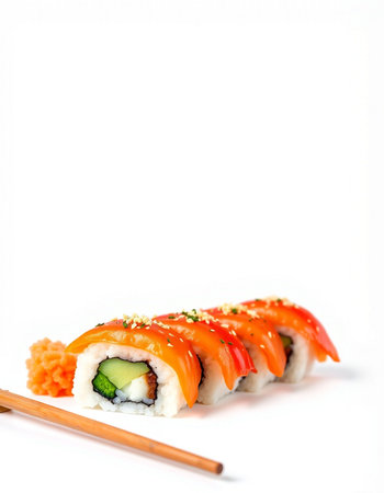 Sushi roll with salmon, avocado and cucumber on white backgroundの写真素材