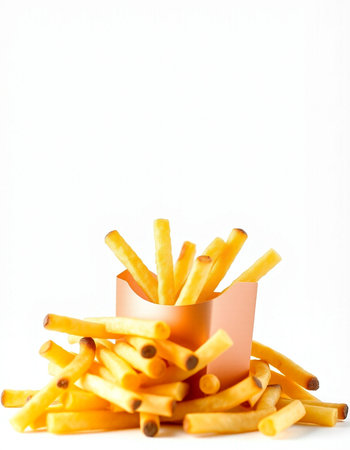 French fries in a paper box on a white background. Selective focus.