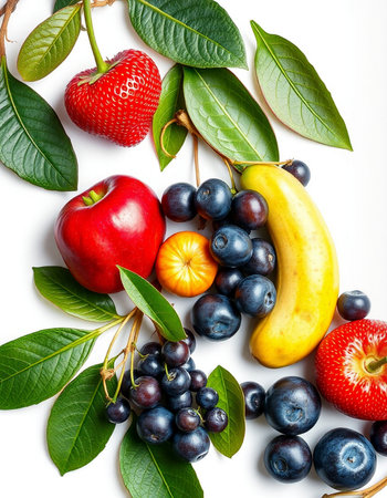 Fruits and berries isolated on a white background. Top view.