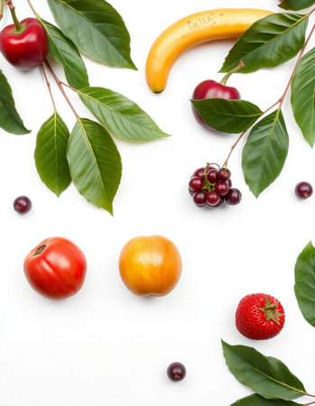 Fruits and berries on white background. Flat lay, top view