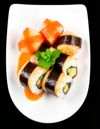 Sushi rolls on a white plate, isolated on a black backgroundの写真素材