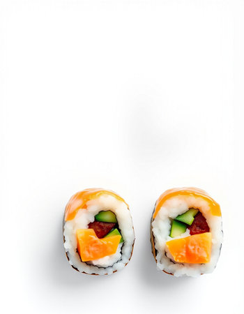 Sushi roll with salmon, avocado, cucumber and cream cheese on white backgroundの写真素材