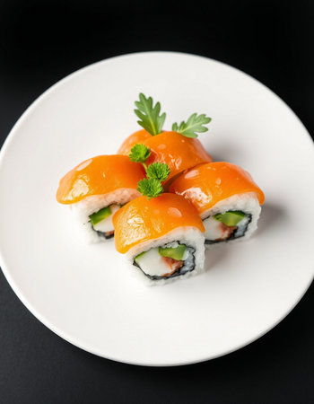 Sushi roll with salmon, cucumber and cream cheese on black backgroundの写真素材