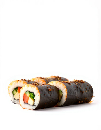 Sushi roll with salmon, cucumber, avocado, cream cheese and nori on white backgroundの写真素材