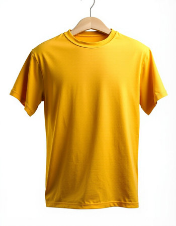 Yellow t-shirt on a hanger isolated on white background.の写真素材