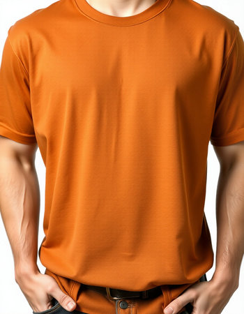 Man in orange t-shirt on white background, close-upの写真素材