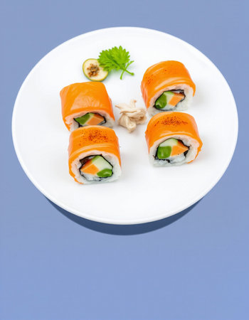 Sushi roll with salmon, avocado and cucumber on a white plateの写真素材