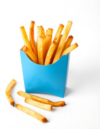 French fries in a blue box on a white background. Isolatedの写真素材